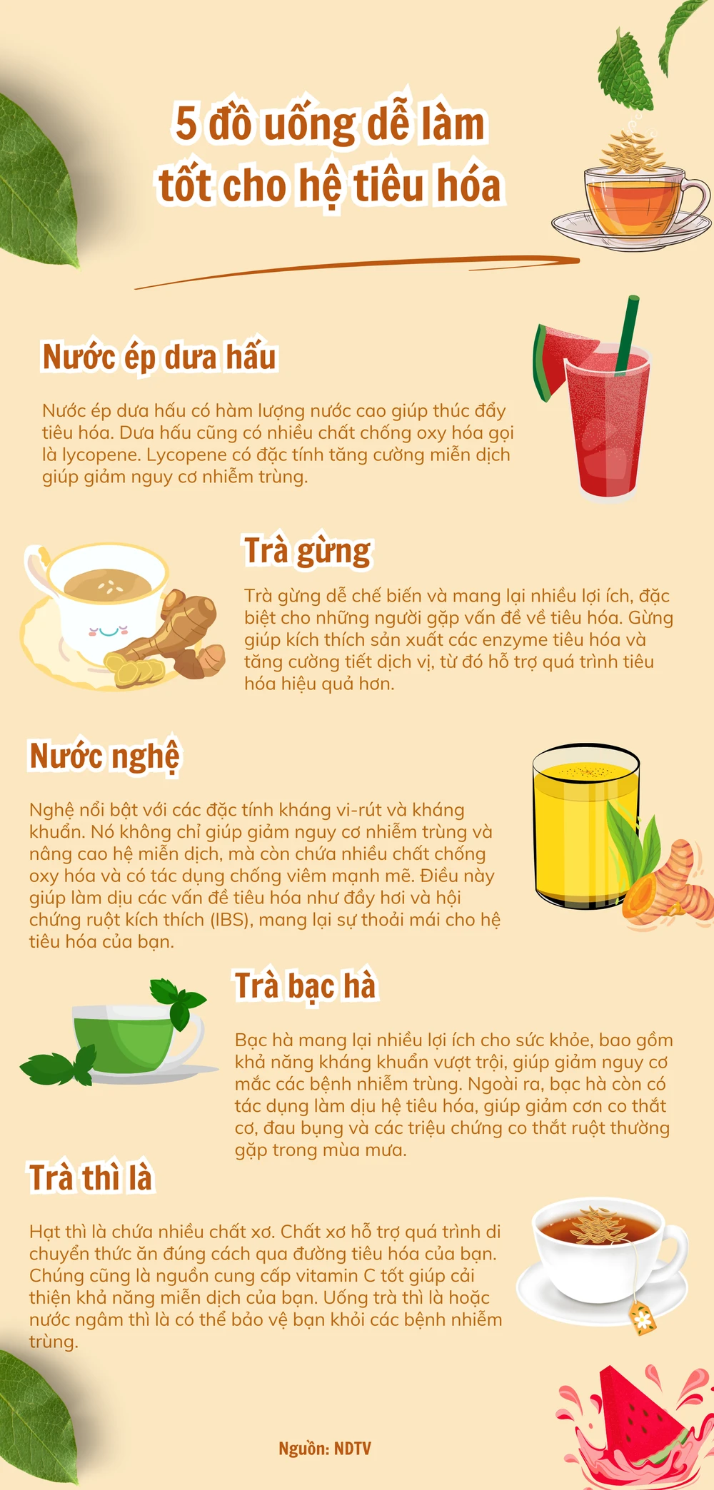 5 đồ uống dễ làm tốt cho hệ tiêu hóa