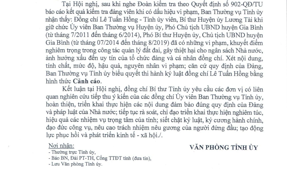 Kỷ luật cảnh cáo Bí thư Huyện ủy Lương Tài