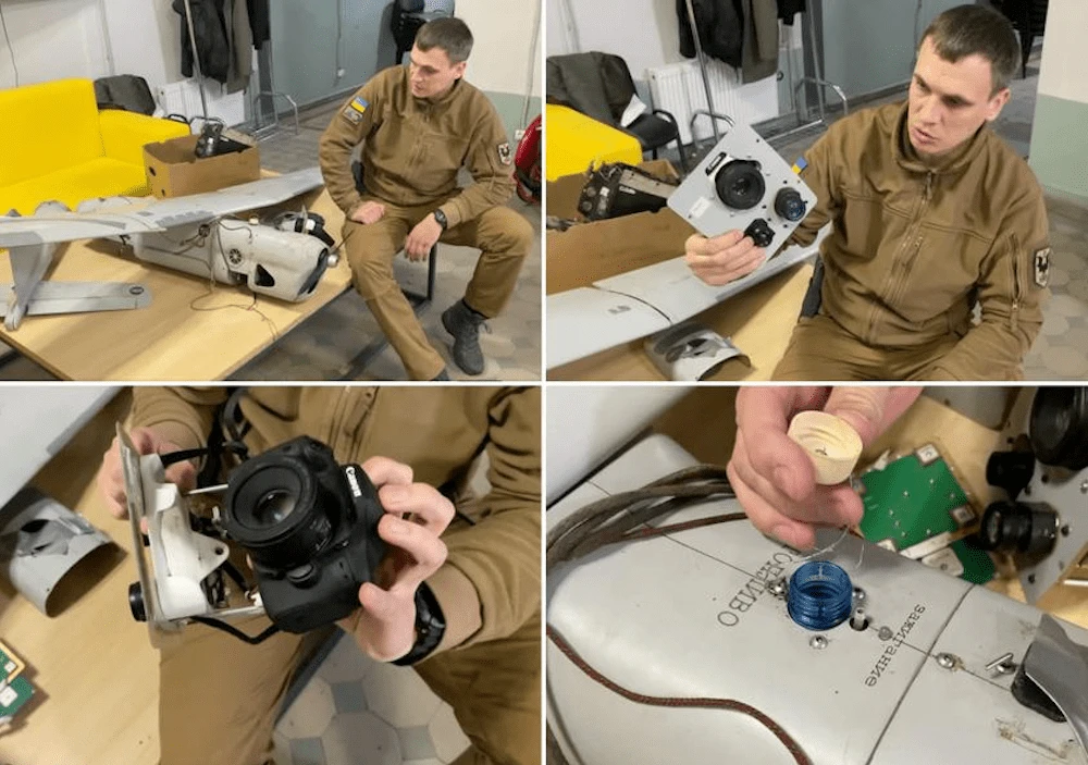 Một máy ảnh Canon và một chai nhựa được tìm thấy trong một UAV bị lực lượng Ukraine bắn hạ. Ảnh: ASIA TIMES