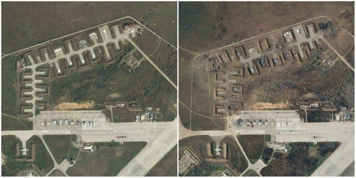 Ảnh vệ tinh cho thấy căn cứ không quân Saki của Nga trên bán đảo Crimea ngày 9-8 (trái) và ngày 10-8. Ảnh: Planet Labs/Reuters
