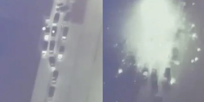 Hình ảnh tổng hợp trước (trái) và trong (phải) cuộc tấn công của UAV Bayraktar TB2 nhằm vào lực lượng Nga tại Ukraine hồi tháng 2. Ảnh: Ukrainian Military