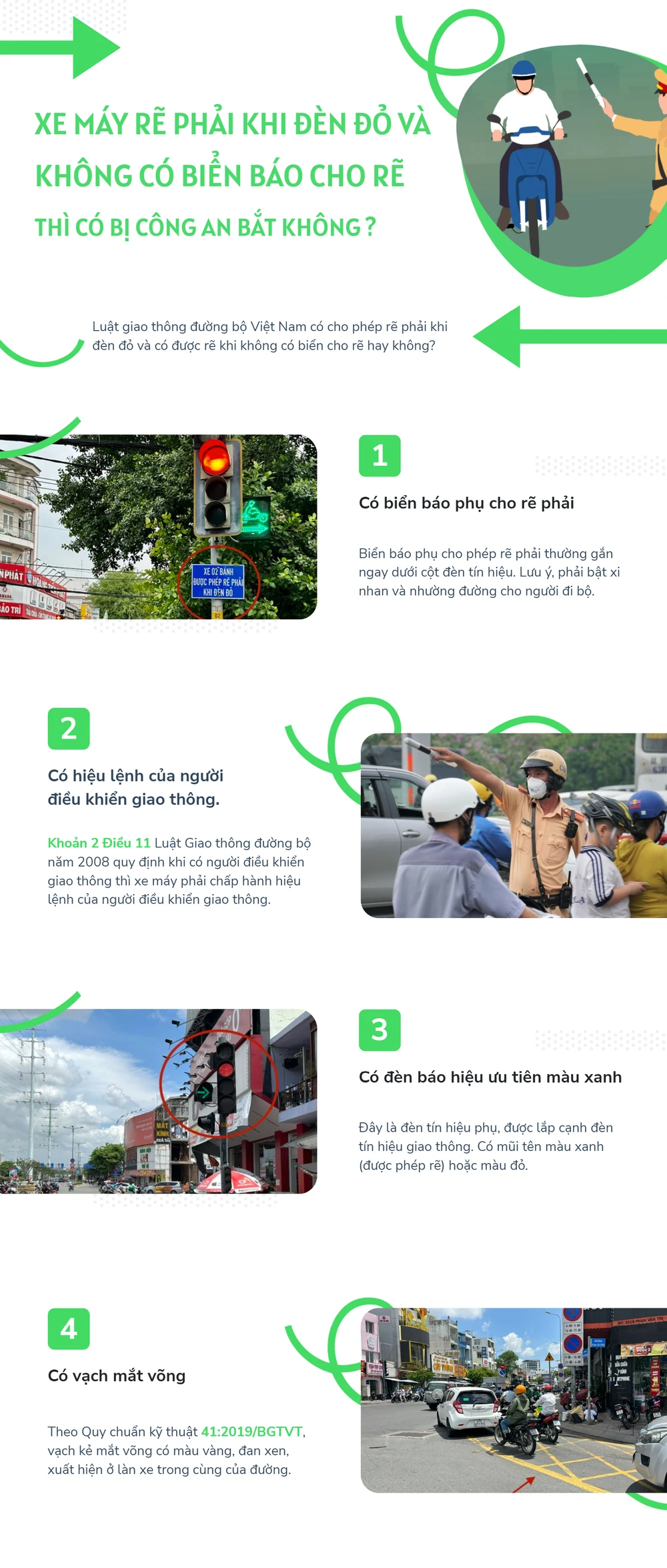 Xe máy rẽ phải khi đèn đỏ và không có biển báo cho rẽ có bị công an bắt không?