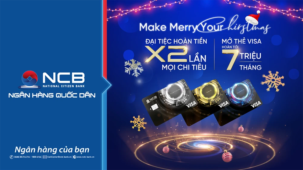 Chào đón Giáng Sinh và năm mới 2023, Ngân hàng TMCP Quốc Dân (NCB) dành tặng khách hàng đặc quyền ưu đãi “hoàn tiền gấp 2 lần” khi chi tiêu bằng thẻ NCB Visa