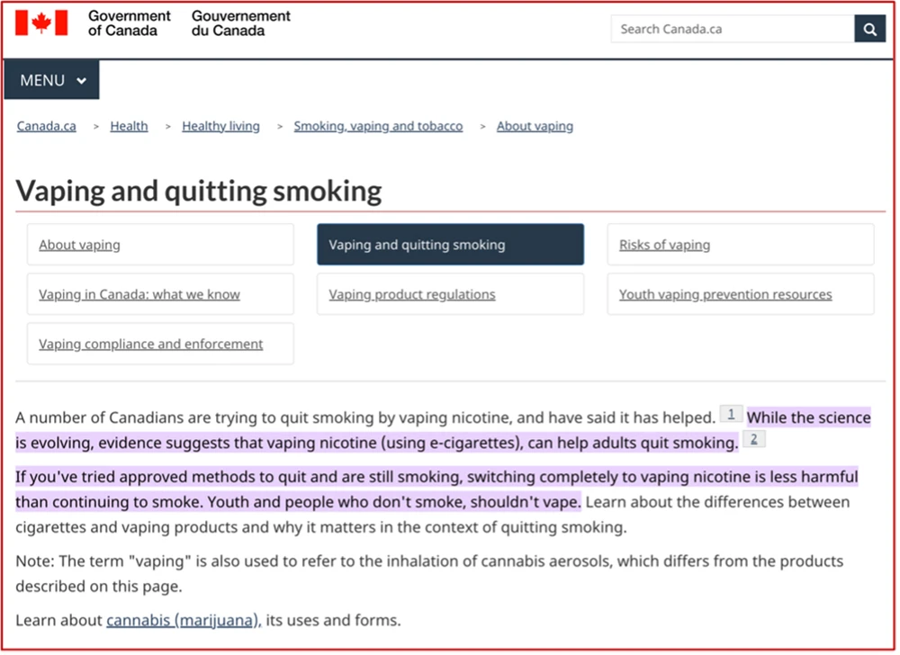 Công bố về sản phẩm giúp giảm tác hại thuốc lá trên website chính phủ Canada