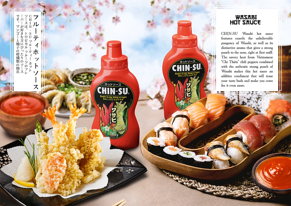 Tương ớt Chin-su Wasabi tại gian hàng Foodex Japan, là sản phẩm kết hợp 2 vị cay độc đáo, hấp dẫn của 2 nền ẩm thực Việt - Nhật.