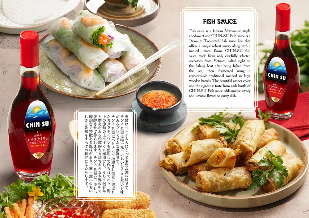 Nước mắm Chin-su tại gian hàng Foodex Japan có nguồn cốt nhĩ cao đạm tự nhiên trên 40 độ.