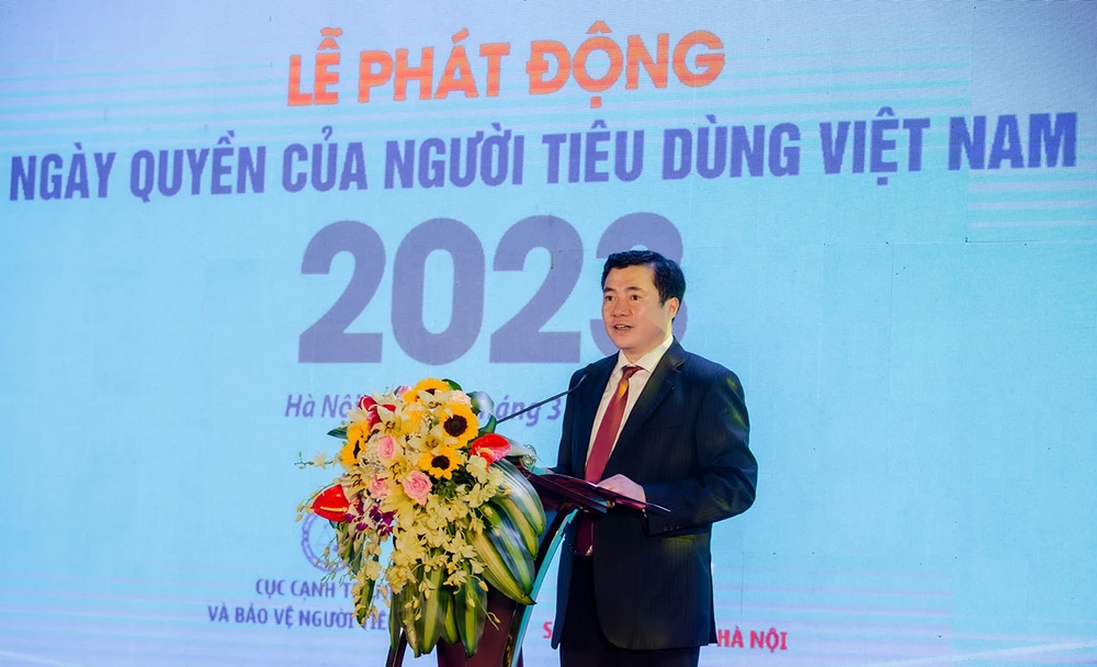Thứ trưởng Bộ Công thương Nguyễn Sinh Nhật Tân phát biểu tại lễ phát động “Ngày vì Quyền của người tiêu dùng Việt Nam” 2023.