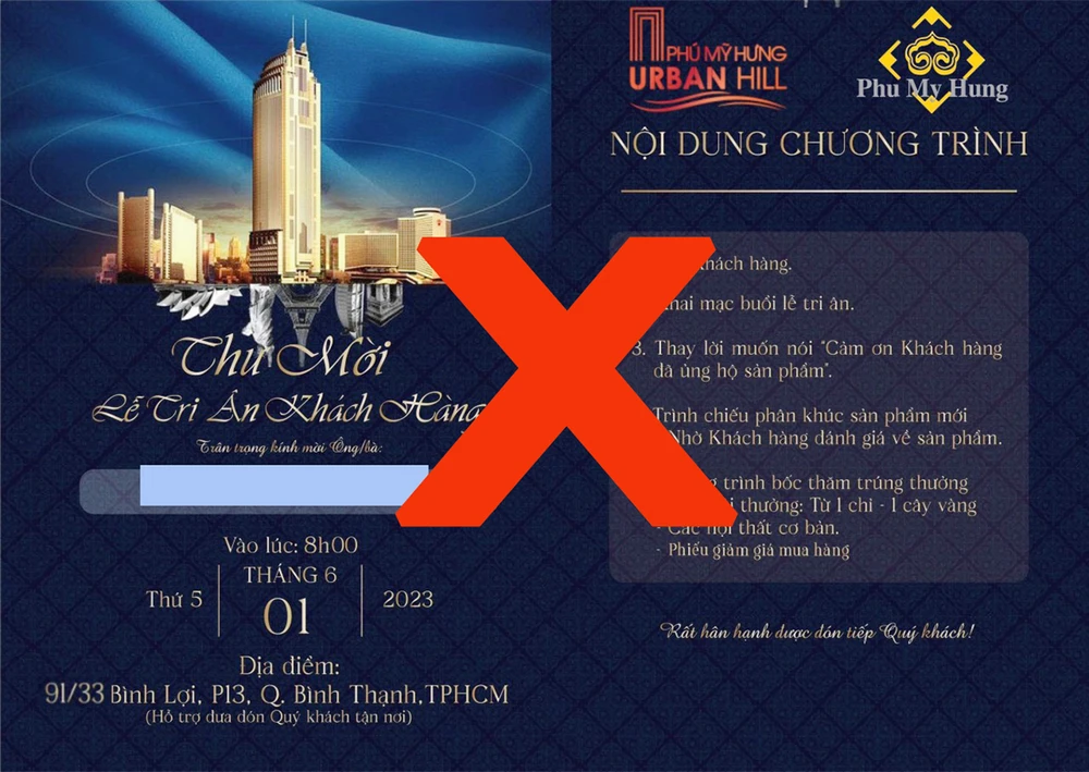 Một trong những thư mời giả mạo thương hiệu Phú Mỹ Hưng.