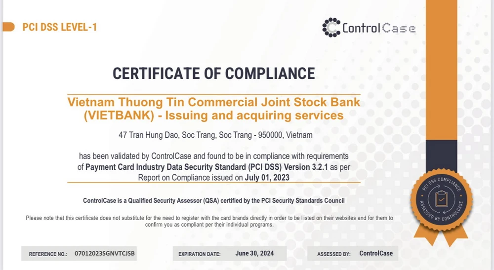 Chứng nhận bảo mật PCI DSS 2023 của Vietbank.