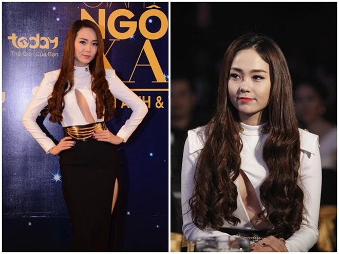 Tại sự kiện cách đây vài ngày, Minh Hằng tiếp tục lăng xê mốt váy khoét sâu, hở bạo. Thiết kế được tạo kiểu khá kín đáo với chân váy dài quá gối, áo cổ lọ. Điểm nhấn gợi cảm tại hông váy và giữa ngực áo đã phá vỡ nét truyền thống khô cứng. Thiết kế hợp xu hướng và vô cùng quyến rũ.