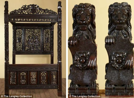 Chiếc giường được đóng bằng gỗ sồi thượng hạng, có nhiều họa tiết trang trí cầu kỳ, tinh xảo.