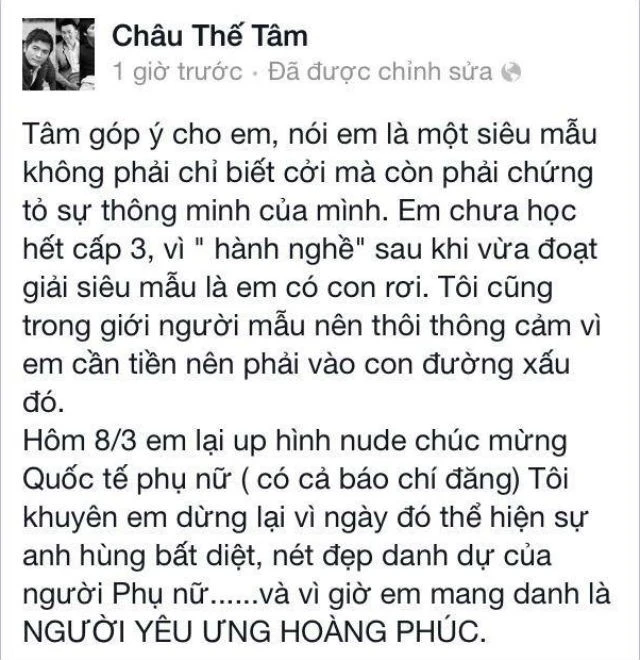 Những lời chia sẻ gây hoang mang cho người hâm mộ của Châu Thế Tâm. Những lời chia sẻ gây hoang mang cho người hâm mộ của Châu Thế Tâm.