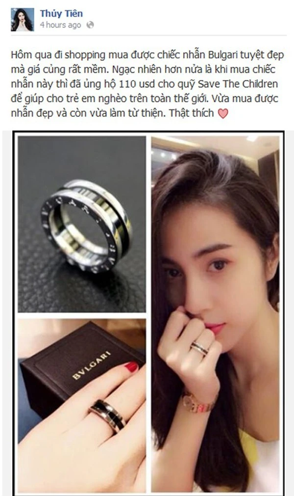 Mới đây nhất, Thủy Tiên chia sẻ bức ảnh vừa sắm được chiếc nhẫn hàng hiệu đắt giá, cô còn ủng hộ thêm 110 USD từ thiện khi rinh món đồ này về. Một lần nữa Thủy Tiên lại khiến cư dân mạng tranh cãi xoay quanh cuộc sống sung túc. 