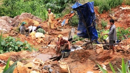 Người dân đổ xô lên bãi vàng Khe Đương khai thác trái phép. 