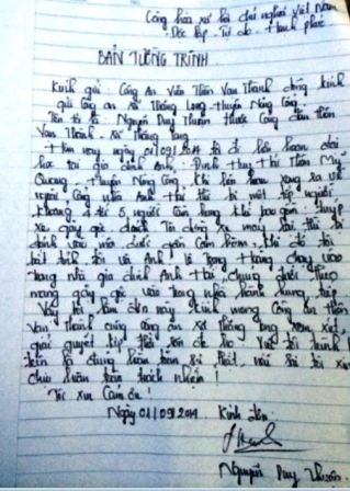 Đơn tường trình của anh Thuận gửi Công an xã Thăng Long