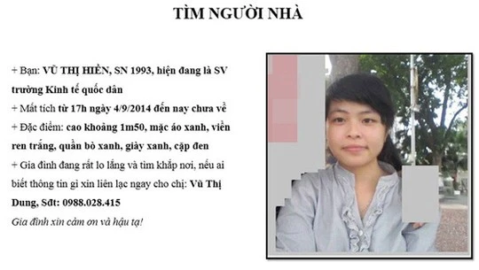 Thông báo tìm nữ sinh Vũ Thị Hiền được dán ở Trường ĐH Kinh tế quốc dân