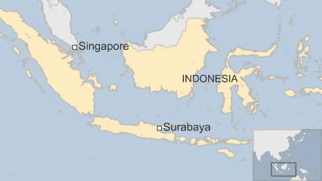 Bản đồ đường bay từ thành phố Surabaya ở Indonesia tới Singapore- Ảnh: BBC