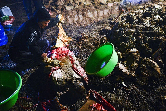 Một thi thể vừa được nhấc ra khỏi huyệt mộ.