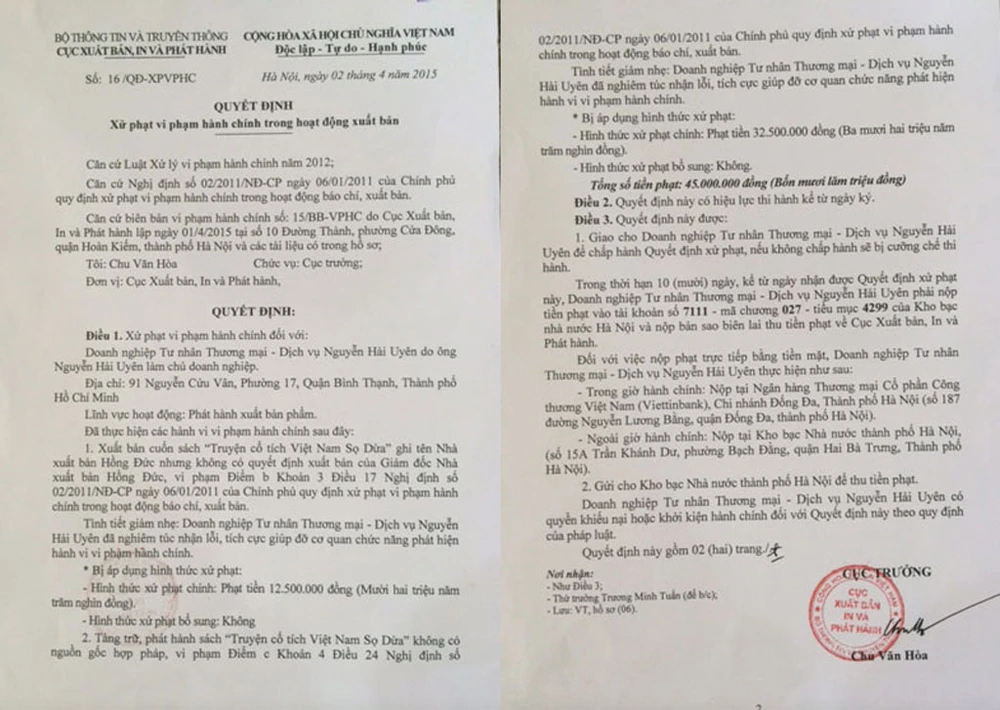 Cục Xuất bản ra Quyết định xử phạt ngày 2/4