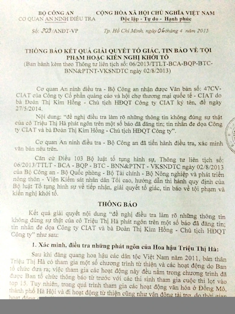 Triệu Thị Hà không bị xử lý hình sự