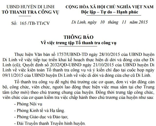 Văn bản lạ: 'Điểm danh' cán bộ, công chức… đi chợ ảnh 1