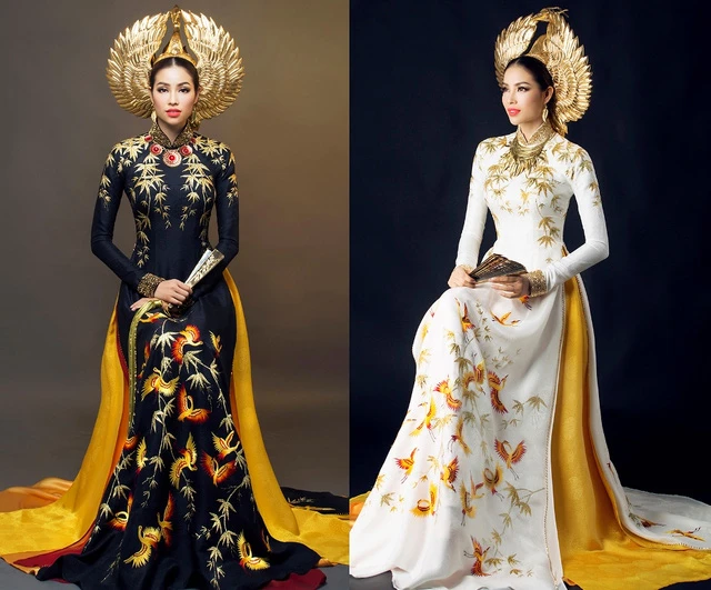  Bộ trang phục dân tộc của Hoa hậu hoàn vũ Phạm Hương mang đến cuộc thi Hoa hậu Hoàn vũ năm nay lấy ý tưởng từ chim hạc, cây tre, lá trúc - vốn là những hình ảnh rất quen thuộc với người Việt. Khi diện bộ cánh này, hoa hậu Việt được nhiều lời khen ngợi 