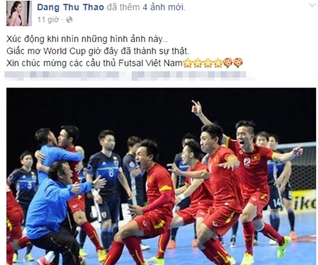  “Xúc động khi nhìn những hình ảnh này. Giấc mơ World Cup giờ đây đã thành sự thật. Xin chúc mừng các cầu thủ Futsal Việt Nam”, Hoa hậu Đặng Thu Thảo chia sẻ khiến người hâm mộ bất ngờ. 