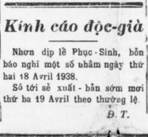 Mẩu tin nghỉ lễ Phục sinh trên trang nhất báo Điễn tín số 967. Ảnh: ĐÌNH BA