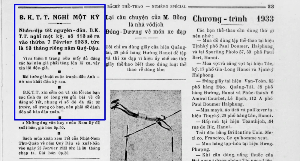 Báo Bắc Kỳ thể thao số đặc biệt 1933 thông báo nghỉ Tết. Ảnh: ĐÌNH BA