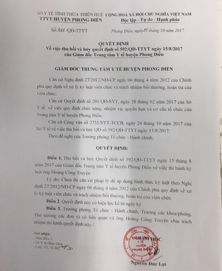 hủy quyết định kỷ luật khiển trách