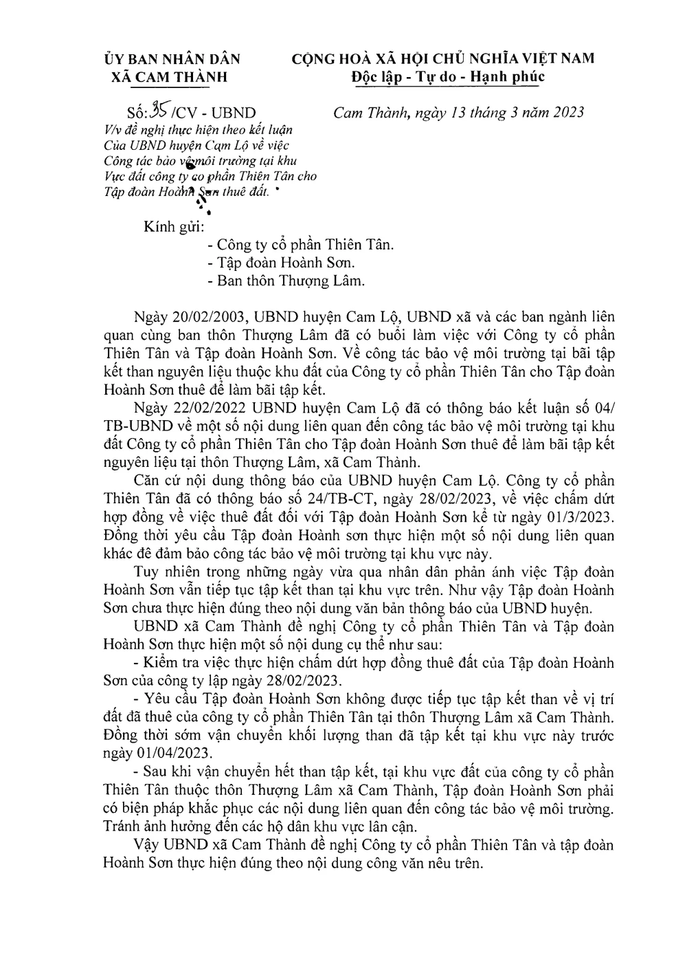UBND xã Cam Thành ra văn bản yêu cầu Tập đoàn Hoành Sơn chấp hành theo kết luận của UBND huyện Cam Lộ.