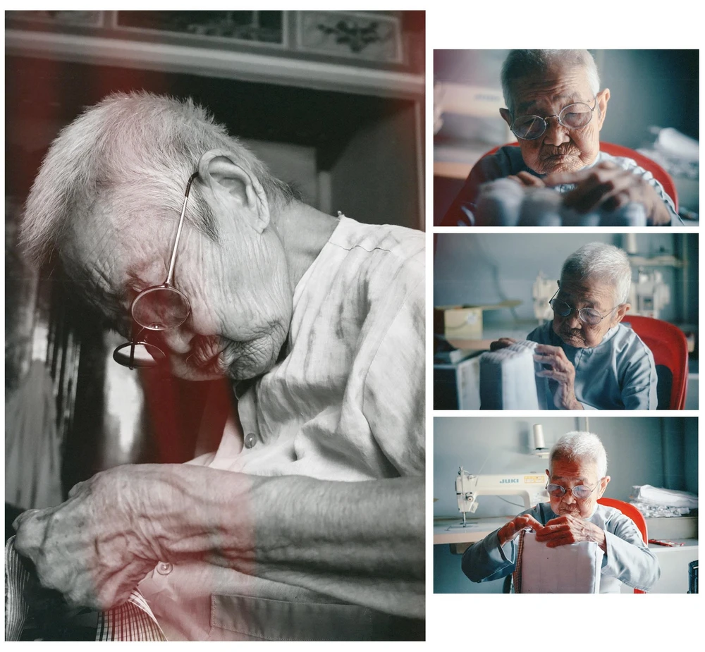 Bà Trí Huệ đang may gối. Hình ảnh được chụp vào năm 2019. Ảnh: NGUYỄN DO