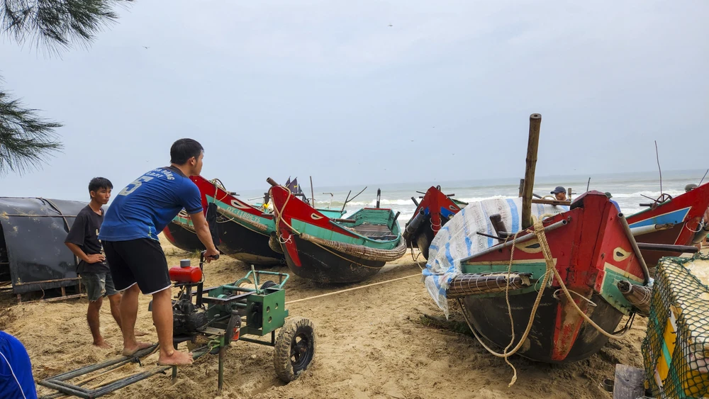 Trong chiều 6-9, người dân sử dụng máy kéo thuyền vào vị trí an toàn để tránh trú bão. Ảnh: NGUYỄN DO
