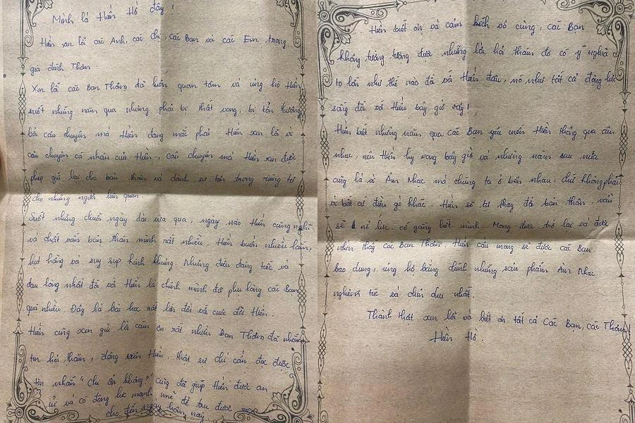 Lá thư tay xin lỗi do Hiền Hồ viết được fan chia sẻ. Ảnh: FC Hiền Hồ.