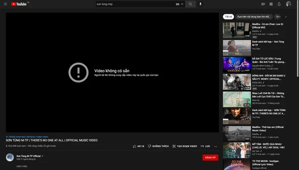 Hình ảnh khi truy cập vào MV "There's no one at all" của Sơn Tùng M-TP. Ảnh: chụp màn hình
