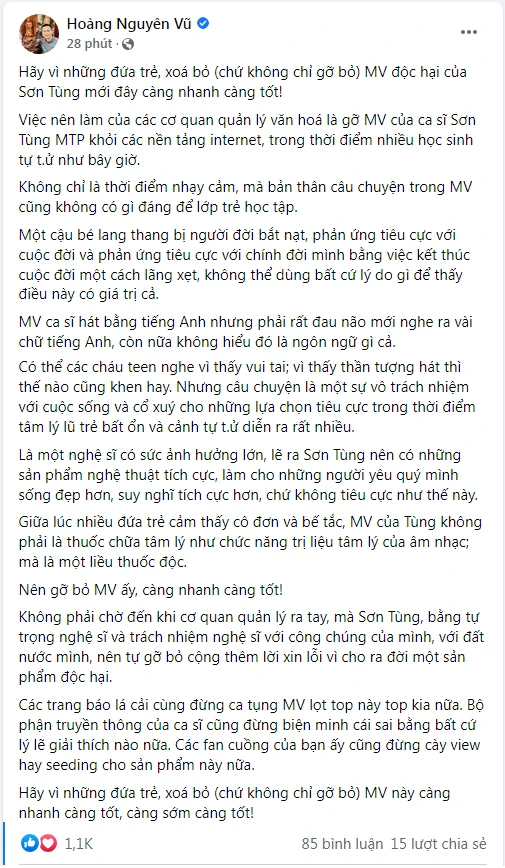 Nhà báo Hoàng Nguyên Vũ cũng lên tiếng đề nghị xoá bỏ MV gây tranh cãi của Sơn Tùng M-TP. Ảnh: FBNV.