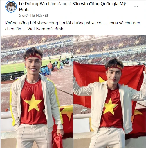 Diễn viên Lê Dương Bảo Lâm đến tận SVĐ Mỹ Đình ủng hộ đội tuyển Việt Nam. Ảnh: FBNV.