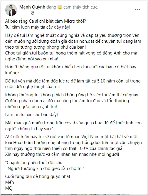 Nguyên văn bài chia sẻ bức xúc nhưng không kém phần dí dỏm của Mạnh Quỳnh. Ảnh: Chụp màn hình. Nguyên văn bài chia sẻ bức xúc nhưng không kém phần dí dỏm của Mạnh Quỳnh. Ảnh: Chụp màn hình.