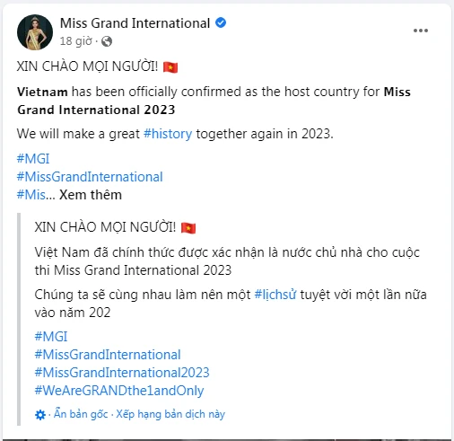 Thông báo trên trang fanpage chính thức của Miss Grand International. Ảnh: Chụp màn hình. Thông báo trên trang fanpage chính thức của Miss Grand International. Ảnh: Chụp màn hình.