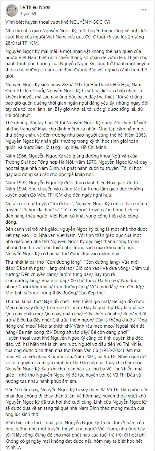 Những dòng chia sẻ về Thầy giáo ưu tú Nguyễn Ngọc Ký của nhà thơ Lê Thiếu Nhơn. Ảnh: Chụp màn hình.