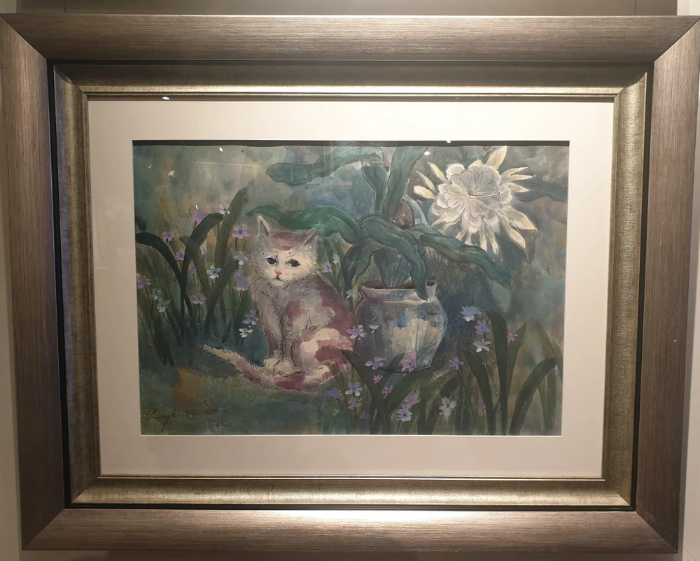 Tác phẩm "Con mèo" chất liệu màu nước. Ảnh: VĂN HÀ
