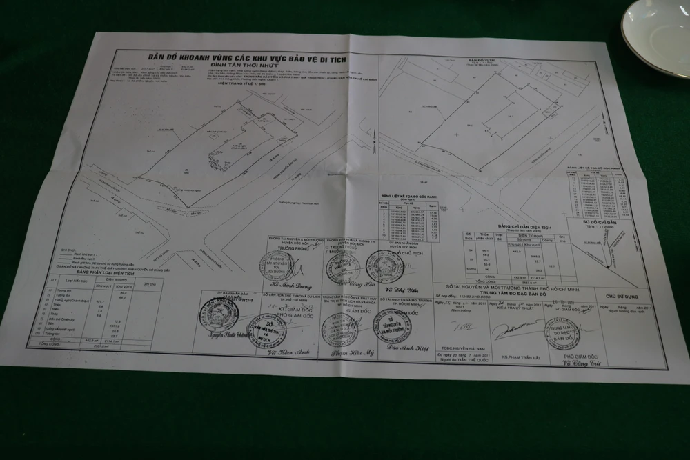 Bản đồ khoanh vùng các khu vực bảo vệ di tích Đình Tân Thới Nhất do Sở Tài nguyên và Môi trường TP.HCM phê duyệt. Ảnh: VÕ THƠ