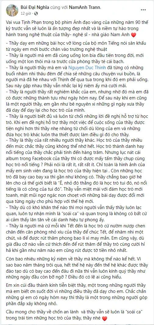 Nguyên văn dòng trạng thái tiếc thương nghệ sĩ, nhà giáo Trần Nam Anh của MC Đại Nghĩa. Ảnh: Chụp màn hình