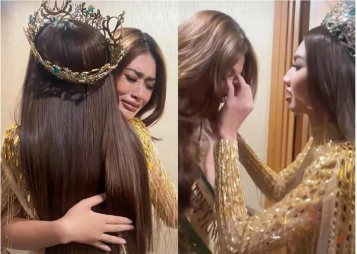 Thiên Ân ôm Thùy Tiên khóc ở hậu trường khi trượt top 10 Miss Grand International 2022. Ảnh: chụp màn hình