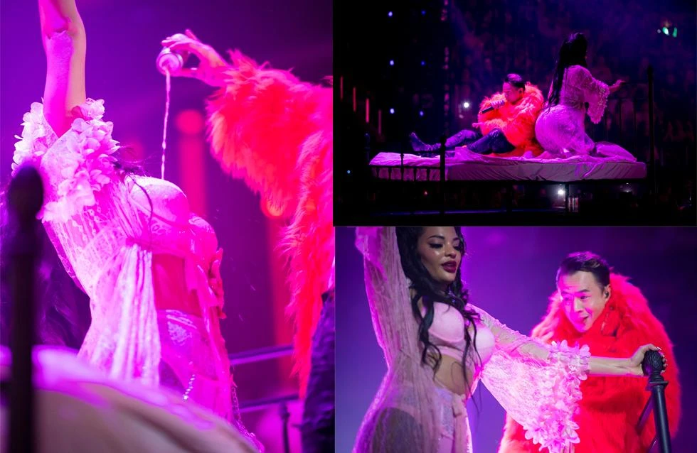 Tiết mục trình diễn của Binz đổ bia lên ngực nữ vũ công . Ảnh: BTC