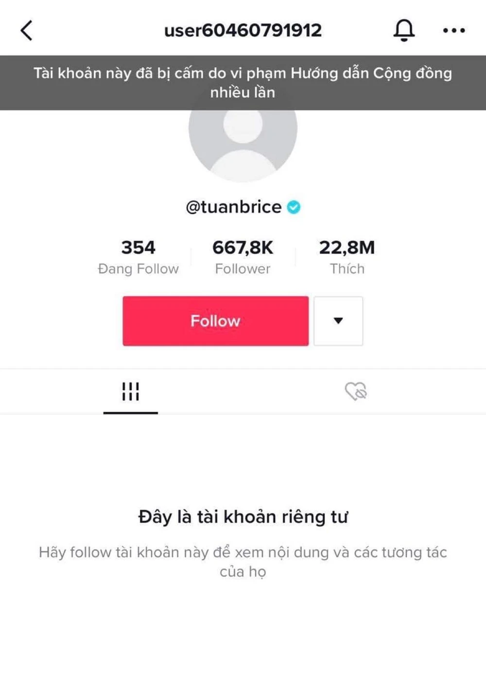 Tài khoản TikTok của Nờ Ô Nô đã bị khoá. Ảnh: chụp màn hình.