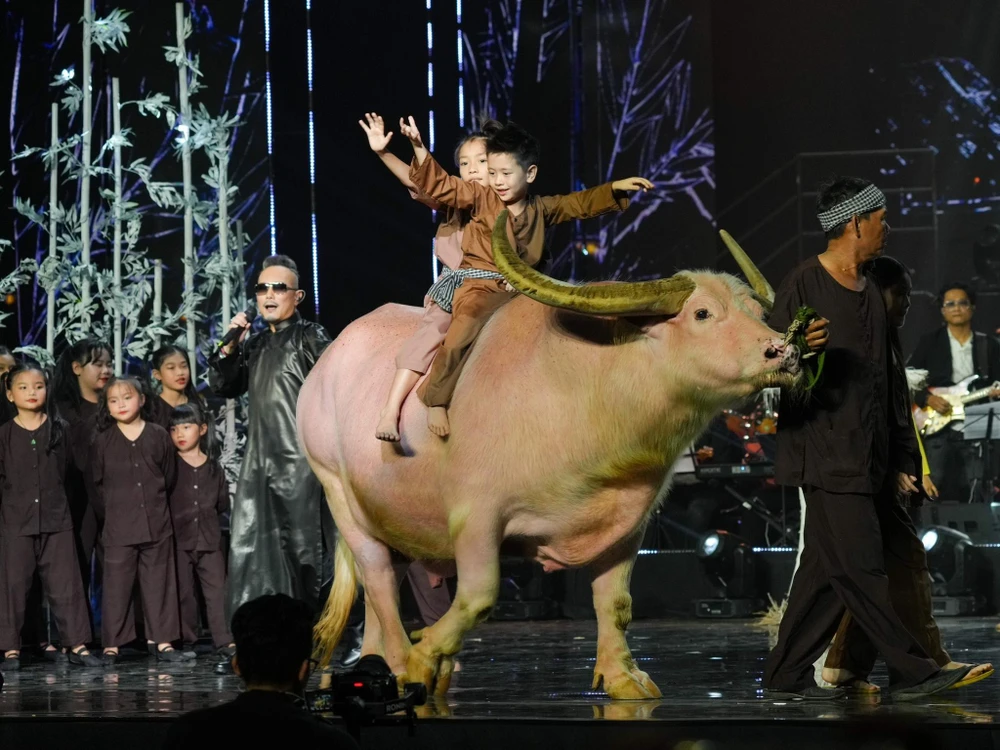 Hình ảnh chú trâu xuất hiện trên sân khấu gây bất ngờ cho người xem. Ảnh: BIL