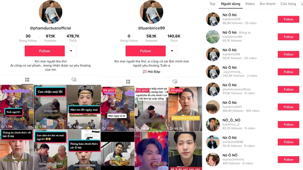 Hàng loạt tài khoản tên Nờ Ô Nô xuất hiện, đăng tải các clip cũ và thu về hàng triệu lượt xem. Ảnh: Chụp màn hình