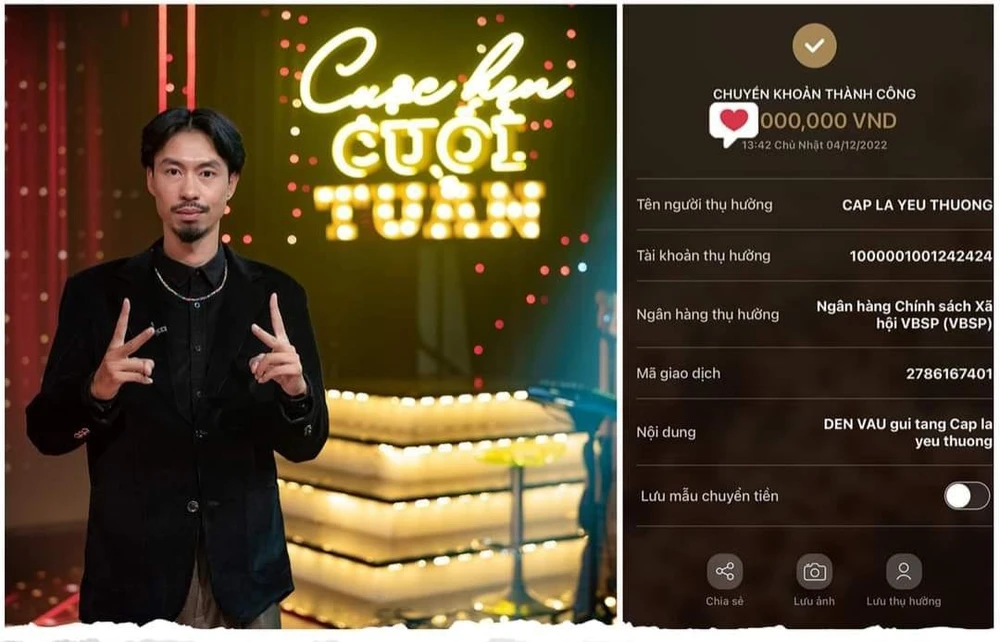 Đen Vâu chuyển hết cát xê cho chương trình Cặp lá yêu thương. Ảnh: Fanpage Cặp lá yêu thương Đen Vâu chuyển hết cát xê cho chương trình Cặp lá yêu thương. Ảnh: Fanpage Cặp lá yêu thương