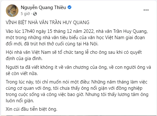 Chia sẻ của nhà thơ Nguyễn Quang Thiều. Ảnh: Chụp màn hình